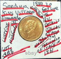 Sardinia Italian State 1859 20 Gold Lire King Emmanuel II Ruled-gem Bu Details