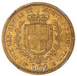 Sardinia. Vittorio Emanuele II 1855 B 20 Lire, 6.45 g, NGC AU-50. KM-C126.2