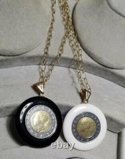 Set 2 QVC 14K Yellow Gold Italiana Repvbblica Lira Coin White Agate Onyx pendant