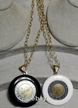 Set 2 QVC 14K Yellow Gold Italiana Repvbblica Lira Coin White Agate Onyx pendant