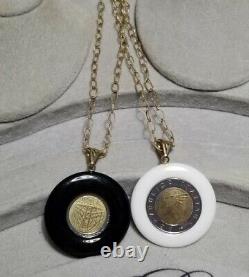 Set 2 QVC 14K Yellow Gold Italiana Repvbblica Lira Coin White Agate Onyx pendant