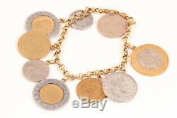 Signed Milor Italy 14K Yellow Gold Rolo Link Coin Charm Bracelet Italian Lira