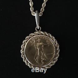 Solid 14K Yellow Gold 1/4 Oz American Eagle Gold Coin Bezel Chain Necklace