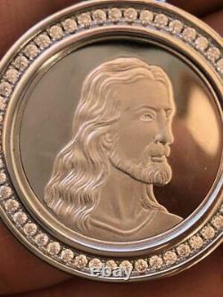 Solid 925 Silver Men's Jesus Last Supper Reversible Coin Medallion CZ Diamonds