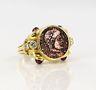 Solid Yellow Gold Ancient Coin 18k 750 Ring Size 8 Designer Italy Diamond Ruby