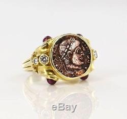 Solid Yellow Gold Ancient Coin 18k 750 Ring Size 8 Designer Italy Diamond Ruby