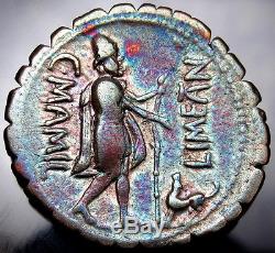 Ulysses with his dog. MAMILIUS. Very Rare. Roman. Silver Coin. Blue Tone Gold highlig