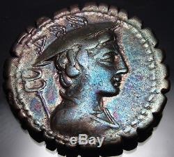 Ulysses with his dog. MAMILIUS. Very Rare. Roman. Silver Coin. Blue Tone Gold highlig