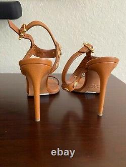 VALENTINO Gryphon Brown Gold Coin Studded Leather Sandal Heels 9.5/39.5 NEW