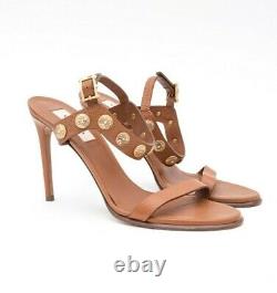 VALENTINO Gryphon Brown Gold Metal Coin VE Studded Leather Sandal Heels 9.5/39.5