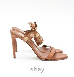 VALENTINO Gryphon Brown Gold Metal Coin VE Studded Leather Sandal Heels 9.5/39.5