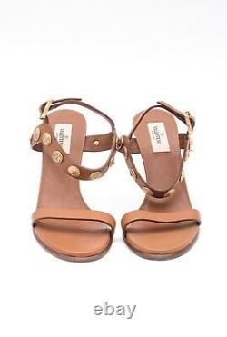 VALENTINO Gryphon Brown Gold Metal Coin VE Studded Leather Sandal Heels 9.5/39.5