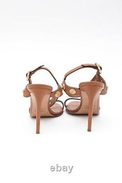 VALENTINO Gryphon Brown Gold Metal Coin VE Studded Leather Sandal Heels 9.5/39.5