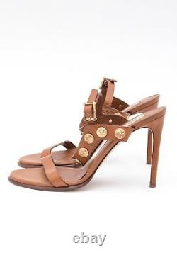 VALENTINO Gryphon Brown Gold Metal Coin VE Studded Leather Sandal Heels 9.5/39.5