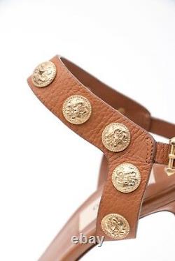 VALENTINO Gryphon Brown Gold Metal Coin VE Studded Leather Sandal Heels 9.5/39.5