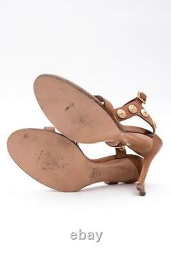 VALENTINO Gryphon Brown Gold Metal Coin VE Studded Leather Sandal Heels 9.5/39.5