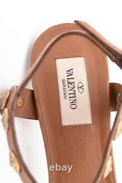 VALENTINO Gryphon Brown Gold Metal Coin VE Studded Leather Sandal Heels 9.5/39.5