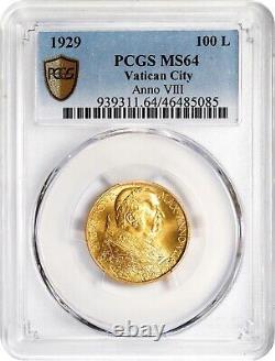 Vatican City 1929 100 Lire Gold Coin, Gem Uncirculated, Pcgs Certified Ms-64