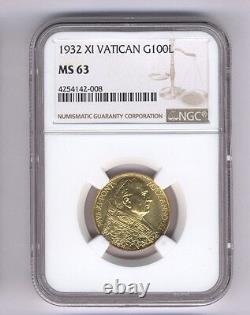 Vatican City 1932 100 Lire Gold Coin, Choice Uncirculated, Certified Ngc Ms-63