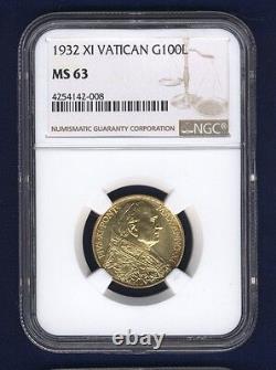 Vatican City 1932 100 Lire Gold Coin, Choice Uncirculated, Certified Ngc Ms-63