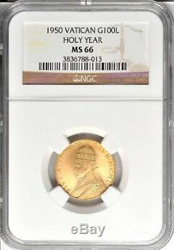 Vatican City 1950 100 Lire Gold Coin, Gem Uncirculated, Certified Ngc Ms-66