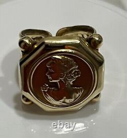 Vintage 14K Gold Italy Coin Cameo Face & Hammered Bar Lipped Ring 6.5
