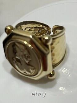 Vintage 14K Gold Italy Coin Cameo Face & Hammered Bar Lipped Ring 6.5
