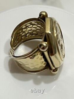 Vintage 14K Gold Italy Coin Cameo Face & Hammered Bar Lipped Ring 6.5