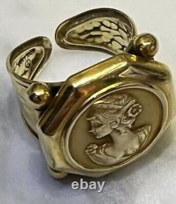 Vintage 14K Gold Italy Coin Cameo Face & Hammered Bar Lipped Ring 6.5