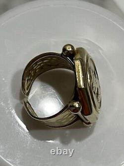 Vintage 14K Gold Italy Coin Cameo Face & Hammered Bar Lipped Ring 6.5