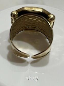 Vintage 14K Gold Italy Coin Cameo Face & Hammered Bar Lipped Ring 6.5