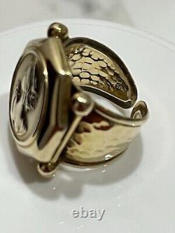 Vintage 14K Gold Italy Coin Cameo Face & Hammered Bar Lipped Ring 6.5