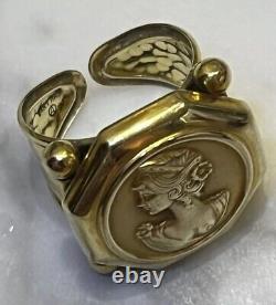 Vintage 14K Gold Italy Coin Cameo Face & Hammered Bar Lipped Ring 6.5