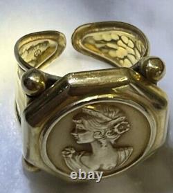 Vintage 14K Gold Italy Coin Cameo Face & Hammered Bar Lipped Ring 6.5