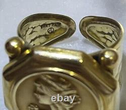 Vintage 14K Gold Italy Coin Cameo Face & Hammered Bar Lipped Ring 6.5