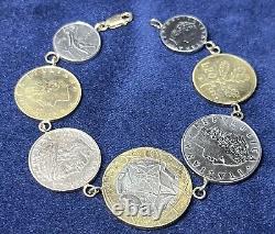 Vintage 14K Gold Link 8 Charm Bracelet withAuthentic Italian Lire Coins Timeless