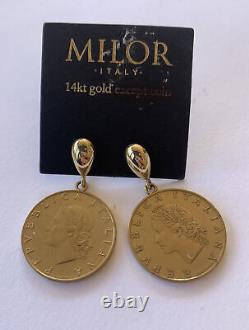 Vintage 14k Gold Milor Italy Coin Earrings New! Estate Find 1970 1972