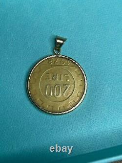 Vintage 1978 Italy 200 Lira Coin 14k Gold Bezel Pendant