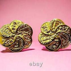 Vintage 80's Fendi Signed Gold 18K Plate F & Roman Coin Clip Rare Earrings