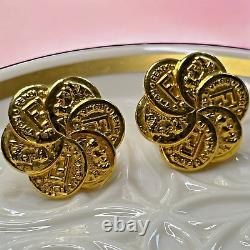 Vintage 80's Fendi Signed Gold 18K Plate F & Roman Coin Clip Rare Earrings