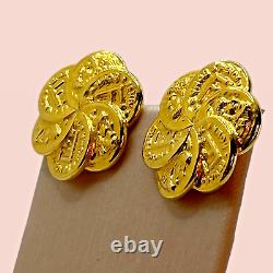 Vintage 80's Fendi Signed Gold 18K Plate F & Roman Coin Clip Rare Earrings