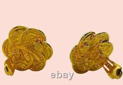 Vintage 80's Fendi Signed Gold 18K Plate F & Roman Coin Clip Rare Earrings