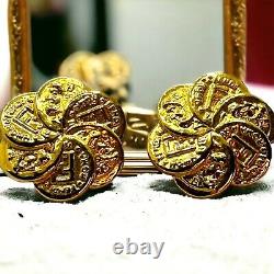 Vintage 80's Fendi Signed Gold 18K Plate F & Roman Coin Clip Rare Earrings