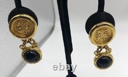 Vintage Fendi Italy Gold Tone Roman Head Coin Dangle Black Clip On Earrings