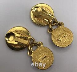 Vintage Fendi Italy Gold Tone Roman Head Coin Dangle Black Clip On Earrings