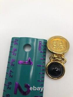 Vintage Fendi Italy Gold Tone Roman Head Coin Dangle Black Clip On Earrings