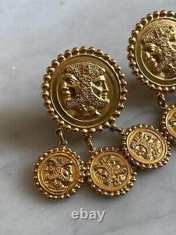 Vintage Fendi Italy Gold Tone Roman Head Coin Dangle Clip On Earrings