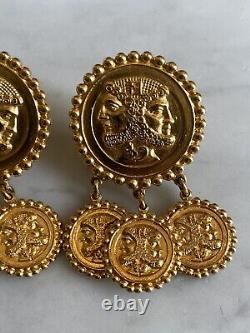Vintage Fendi Italy Gold Tone Roman Head Coin Dangle Clip On Earrings