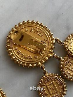 Vintage Fendi Italy Gold Tone Roman Head Coin Dangle Clip On Earrings