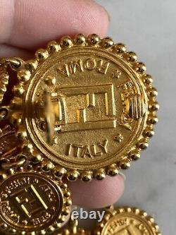 Vintage Fendi Italy Gold Tone Roman Head Coin Dangle Clip On Earrings